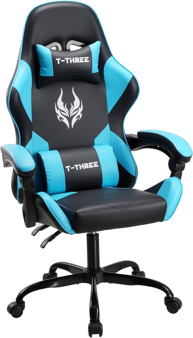 T-THREE.Ergonomic high-back gaming, computer, office, study, swivel, and racing-style chair with adjustable lumbar and headrest support, 150kg weight capacity, ideal for home office(Blue)