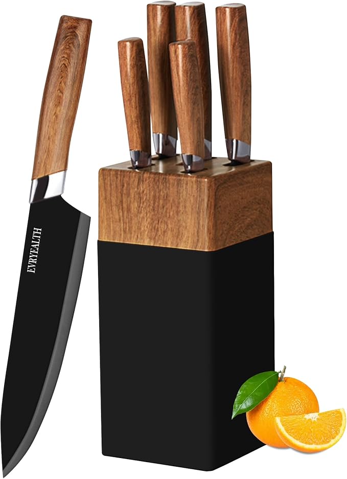 Kitchen Knife Set - 5 Piece Knife Set with Block, Wood Grain Handle, Stainless Steel Knivese with Chef, Bread, Slicer, Paring Knife for Cutting Meat/Vegetables/Fruit.