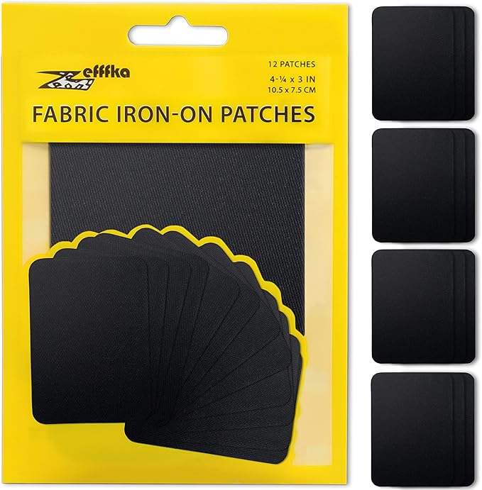 ZEFFFKA Fabric Iron-on Patches Inside & Outside Strongest Glue 100% Cotton Black Repair Decorating Kit 12 Pieces Size 3" by 4-1/4" (7.5 cm x 10.5 cm)