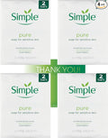 Simple Pure Soap for Sensitive Skin, Vegan Friendly, No Perfume, 4x Twin Packs, Gentle Cleanser Soap Bar with Thank You Card