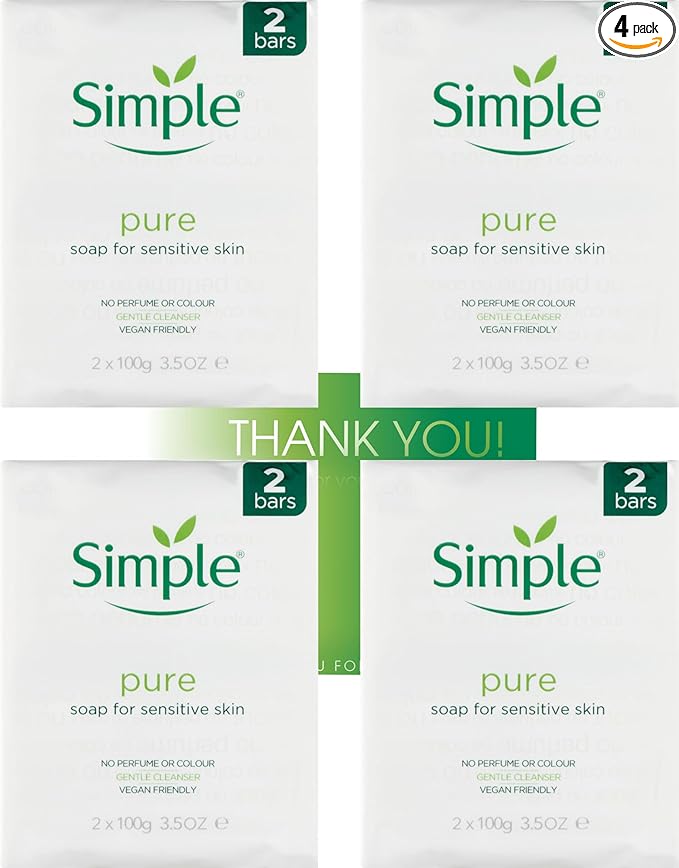 Simple Pure Soap for Sensitive Skin, Vegan Friendly, No Perfume, 4x Twin Packs, Gentle Cleanser Soap Bar with Thank You Card