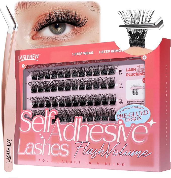 LASHVIEW Self Adhesive Lash Clusters,Press-on Lashes with Lash Tweezers,No Glue Needed Natural Look Self Adhesive Eyelash Extension Kit 60pcs 10-16mm(Z02)