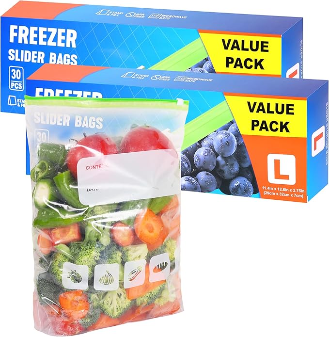 Freezer Bags Ziplock 60pcs, 4.55L Large Food Storage Bags BPA Free Sandwich Bag Reusable Zip Seal Plastic Bag with Expandable Bottom for Food, Meat, Grains, Fruits, Vegetables
