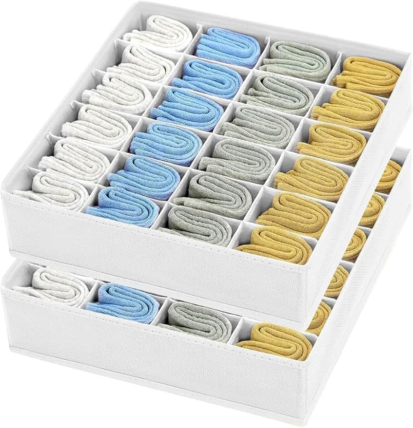 DIMJ Sock Organizer - Drawer Organiser & Closet Organiser - 2 Pack - 48 Cells - Collapsible Storage, Holders for Socks, Ties, Belts (White)