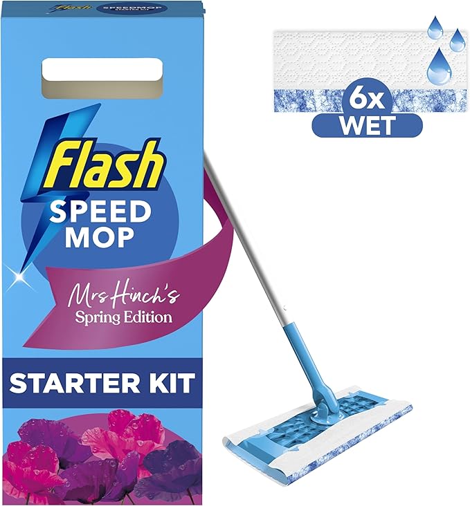 Flash Speedmop Mrs Hinch's Wet Mop Head Floor Cleaner Starter Kit For Cleaning Floors With Scrubbing Action, Includes: 1 Mop, 6 Wet Refills, Lemon Scent