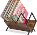 PUERSI Vinyl Record Storage Rack, 80 LP Record Storage Holder, 1 Tier Vinyl Display Shelf with Adjustable Divider, Organizer for Albums, Magazine, Book, Files - Brown