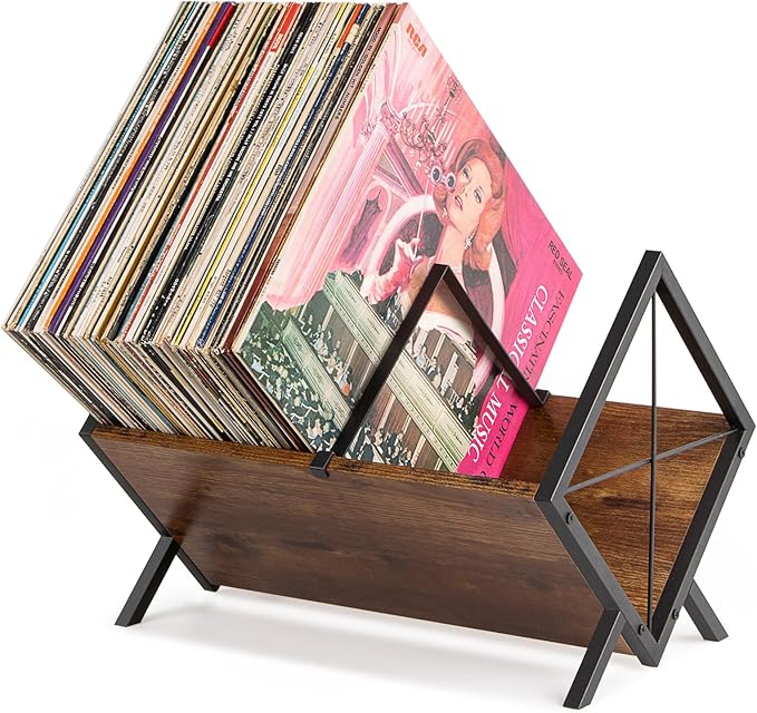 PUERSI Vinyl Record Storage Rack, 80 LP Record Storage Holder, 1 Tier Vinyl Display Shelf with Adjustable Divider, Organizer for Albums, Magazine, Book, Files - Brown