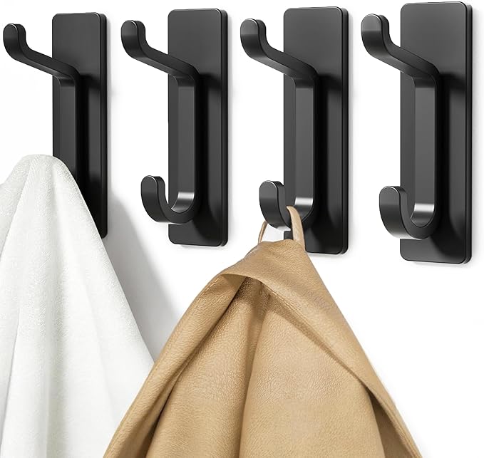 Self Adhesive Hooks, Extra Sticky and Strong, Hanging up to 6KG, Heavy Duty Stick on, No-Nail Hook for Back of Door, Black, 4 Pack