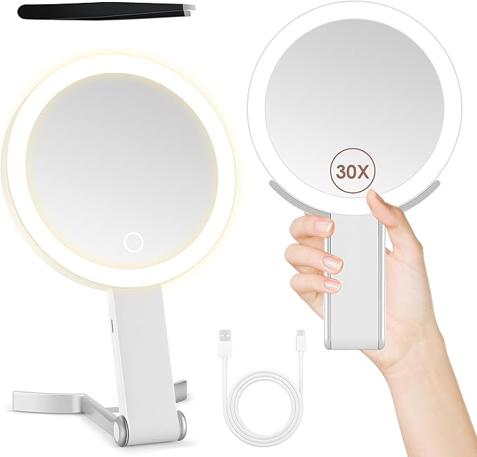 MIYADIVA Makeup Mirror with Lighting, 2-Sided Magnifying Mirror with Light 30X, 3-in-1 Handheld Tabletop Hanging, 3 Lighting and Adjustable Brightness for Travel Offices Bedroom Gifts for women White