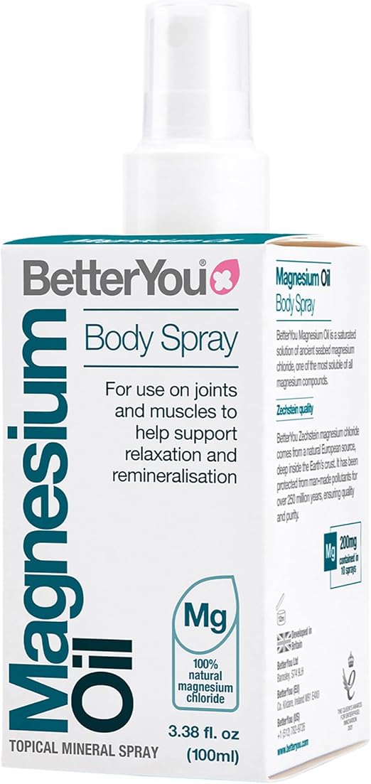 BetterYou Magnesium Supplement, High Strength Magnesium Oil Spray | Natural Vegan Magnesium Chloride Liquid for Sleep, Muscle Recovery Use for Feet and Legs, 600 Sprays, Made in UK