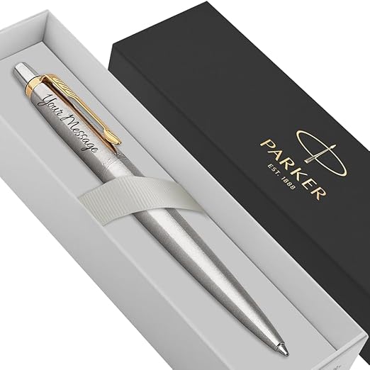 Parker Jotter Stainless Steel personalised parker pen engraved In Classy Gift Box Ideal Valentine's day, Birthday or Fathers Day Gift Perfect For Men & Women With Laser Engraving (Silver & Gold)