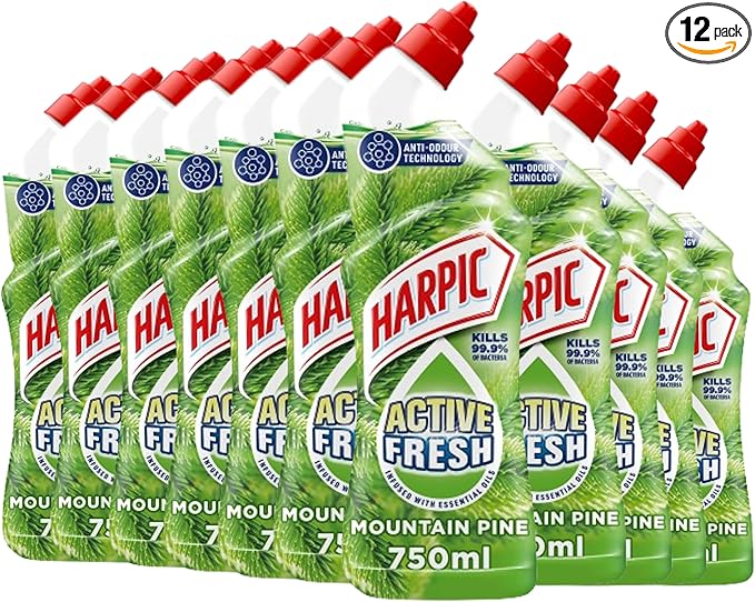 Harpic Active Fresh Toilet Cleaning Gel, Mountain Pine, Pack 12 x 750 ml, Infused with Essential Oils, Kills 99.9% of Bacteria, Toilet Cleaner