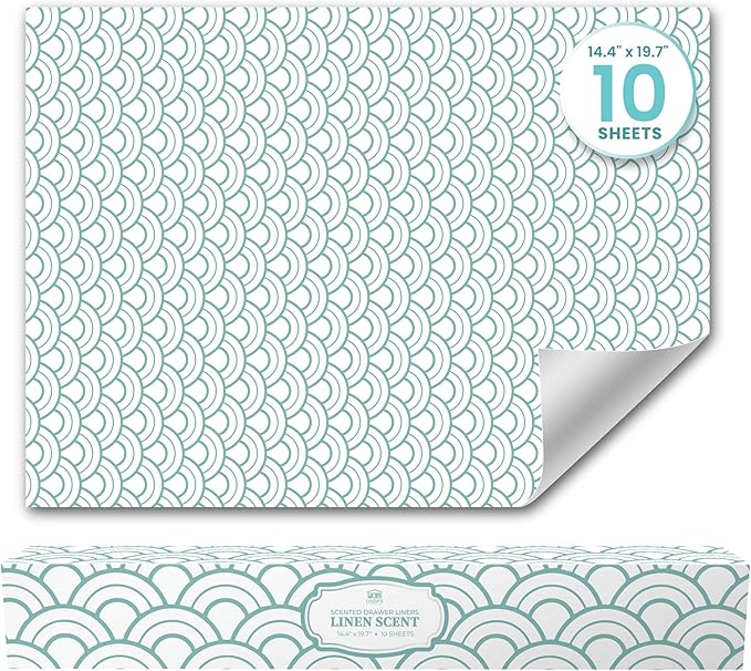 Fresh Linen Scented Drawer Liners (10 Large Sheets, 50cm x 36.5cm) - Non Adhesive Drawer Fresheners & Lining Paper for Drawers, Bedroom & Wardrobe Shelves - Drawer Liners Scented for Clothes