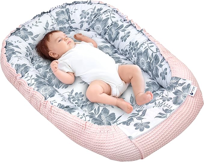 Medi Partners Baby Nest Pod for Newborn Babynest Sleep Bed - 100x60x15 Lounger Essentials 0-12 Months sleeping bilateral Cocoon 100% Cotton Waffle (Berry with pink Waffle)