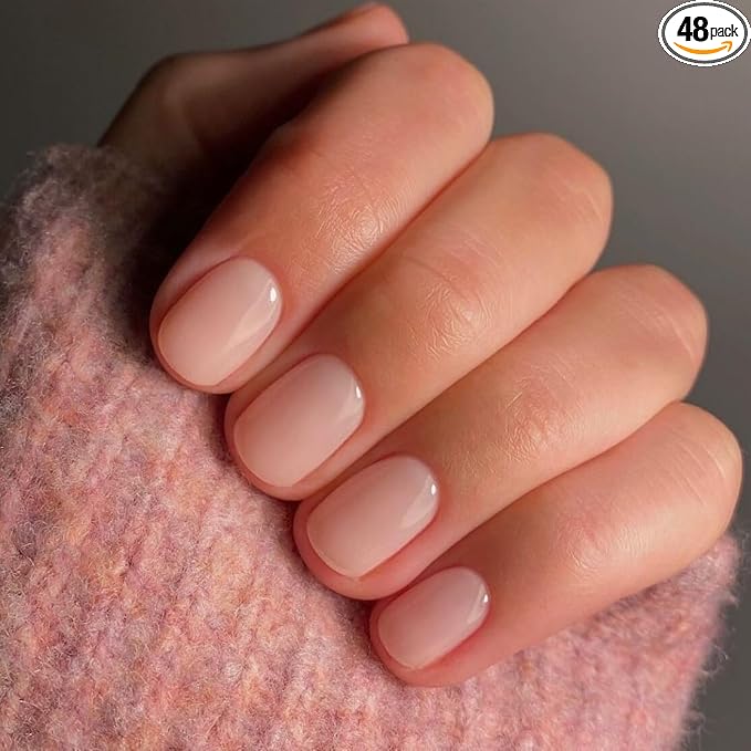 48 Pcs Nude Pink Press on Nails Short Square Acrylic False Nails Short Coffin Natural Fake Nail Set Elegant Solid Color Full Cover Glossy Gel Stick on Nails for Women Daily Wear