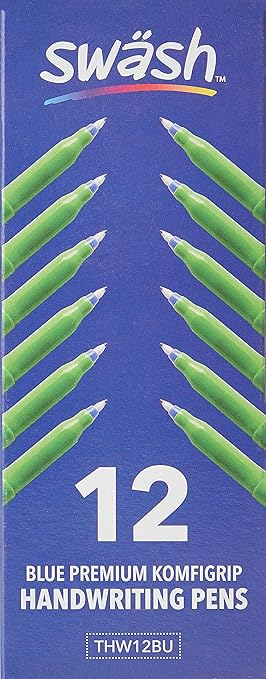 Swash Komfigrip Handwriting Pens, Triangular Grip Handwriting Pen For Added Control, Washable Ink Hand Writing Pens, Durable Fibre Tip Pens - Blue 12 Pack