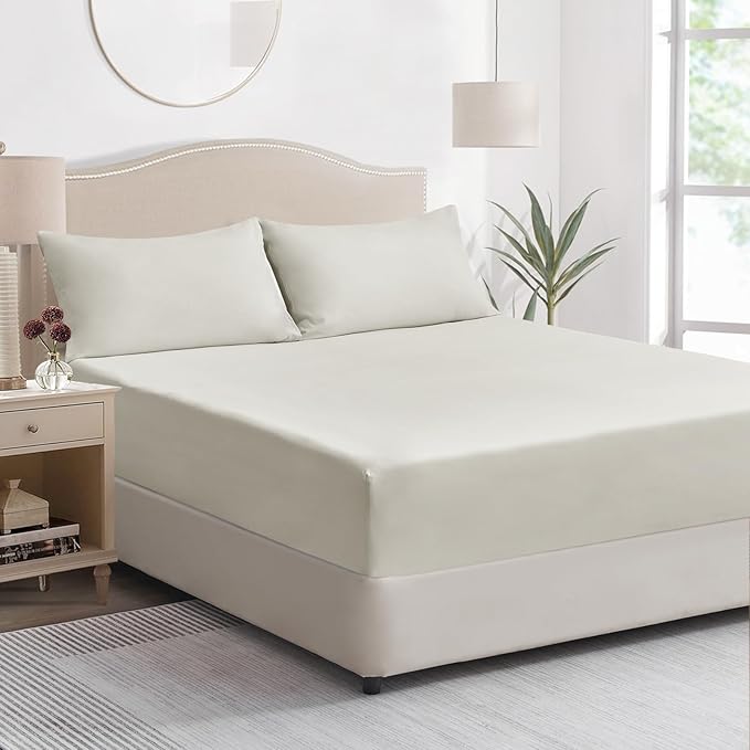 King Size Fitted Sheet Deep - Beige Cream Kingsize Bed Sheet Extra Deep Pocket 16 inch (40 cm), Soft Brushed Microfiber Mattress Bottom Bedding Sheet, 150x200cm