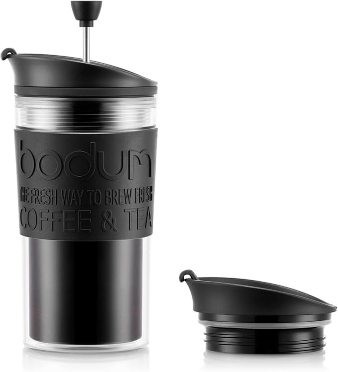 Bodum K11102-01 Travel Press Set Coffee Maker with Extra Lid, Black, 0.35 L/12 oz