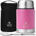 Prime Horizon Food Flask - 500ml Stainless Steel Vacuum Double Wall Jar with Folding Spoon, Leakproof and BPA Free. Free Insulated Travel Bag with Carabiner and Gift Box (Pink)