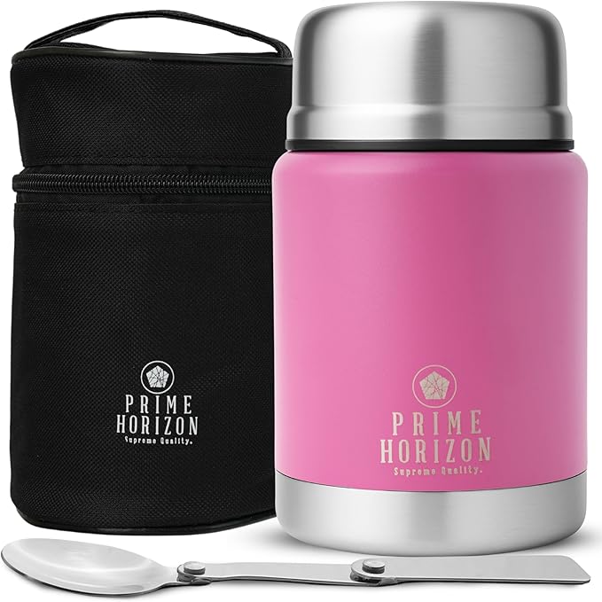 Prime Horizon Food Flask - 500ml Stainless Steel Vacuum Double Wall Jar with Folding Spoon, Leakproof and BPA Free. Free Insulated Travel Bag with Carabiner and Gift Box (Pink)