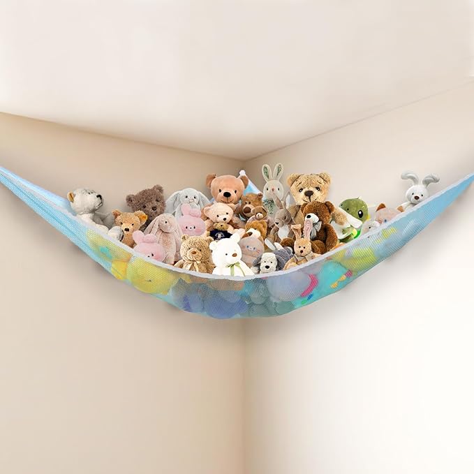Stuffed Animal Net Hammock Corner Large Toy Storage Organizer Holder Plushies Stuffy Storage Hammock for Kids Baby Nursery Bedroom Playroom Home Wall Room Decor (Blue)