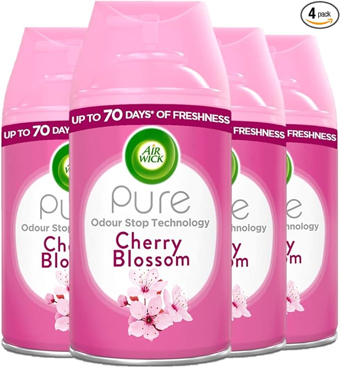 Air Wick Automatic Air Freshener Freshmatic Spray Refills, Cherry Blossom, Pack 4 x 250ml, Natural Essential Oils, Last up to 280 days, Air freshener