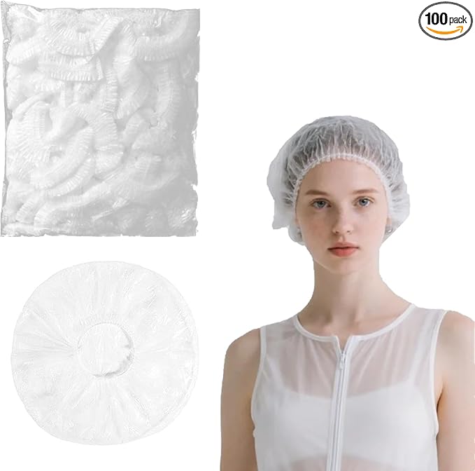 100 Pcs Shower Caps Disposable, Waterproof Thick Shower Hat, 42CM Plastic Elastic Hair Bath Cap for Women Men Hair Treatment, Salon, Spa, Travel, Home Use, Hotel, Shower