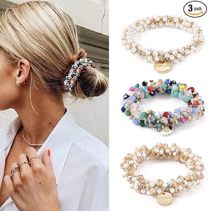 Runmi Hair Ties 3 Pcs Pearl Hair Scrunchies Elastic Stretchy Hair Bands Hair Accessories for Women and Girls