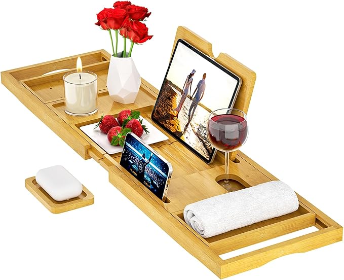 Premium Bathtub Caddy Tray - Expandable Bath Tray - Adjustable Bathroom Tray Tub - Luxury Bath Caddy Tub Table - Unique House Warming Gifts New Home…, Natural, 23x36