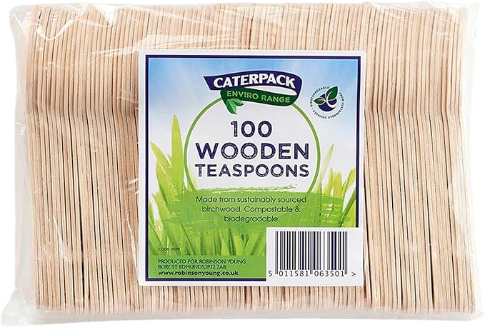 Caterpack Enviro Range 100 Wooden Teaspoons, Biodegradable/compostable/Disposable Wooden teaspoons, 100% Birchwood/eco Friendly Ideal for Catering/picnics/Parties/Camping