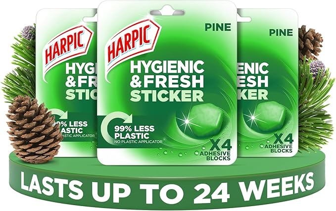 Harpic Hygienic Fresh Sticker Adhesive Toilet Block, Pine, Pack 3 x 4 Stickers, Toilet Freshener, No Plastic Applicator, Up to 24 weeks of Freshness