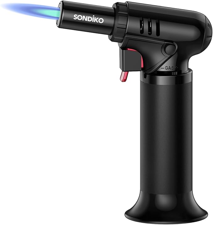 Sondiko Kitchen Blow Torch with Fuel Gauge S907, Refillable Soldering Torch Lighter with Safety Lock and Adjustable Flame for Desserts, Creme Brulee, Welding, Industrial (Butane Not Included)