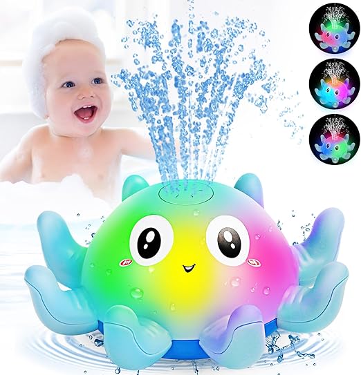 Baby Bath Toys, Octopus Sensory Light Up Bath Toys, Automatic Induction Spray Water Toys, Bath Time Shower Gifts for Baby Girls Boys（Blue）