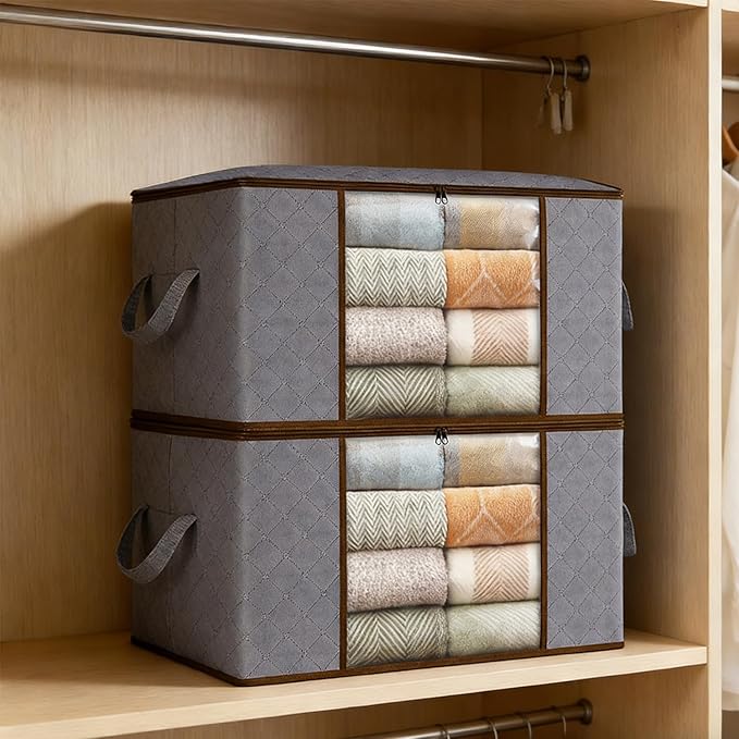 2 Pack Storage Bags, 90 L Clothes Storage Bins, Foldable Closet Organizers Storage Containers for comforter Clothing Blanket Pillows Organization and Storage with Handle, Gray