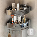 Voldra Corner Shower Caddy No Drilling, Adhesive Bathroom Corner Shelves Wall Mounted Stick On Bathroom Caddy Shower Organiser Rack With 8 Removable Hooks and Towel Bar(2 Pack, Grey)