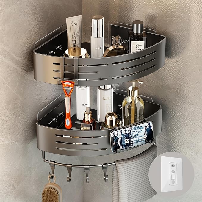 Voldra Corner Shower Caddy No Drilling, Adhesive Bathroom Corner Shelves Wall Mounted Stick On Bathroom Caddy Shower Organiser Rack With 8 Removable Hooks and Towel Bar(2 Pack, Grey)