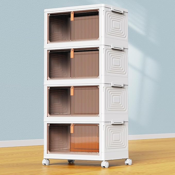 Storage Boxes with Lid - 4-Tier Plastic Storage Drawers, Stackable Boxes, Organiser for Bedroom Living Room