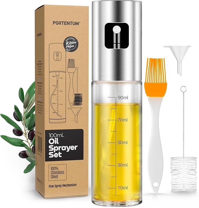 PORTENTUM Oil Spray Bottle 100ml Stainless Steel Olive Oil Dispenser, Leakproof Oil Bottle with Accessories – Oil Sprayer for Cooking, BBQ, Salad and Air Fryer