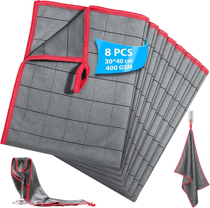 Carbon Microfiber Cleaning Cloths, 8 Pack, 30 x 40 cm, 400GSM, Lint-Free, Grid Pattern for Stubborn Dirt & Grease, for Home, Kitchen, Car & Glass Cleaning - Red