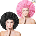 2 PCS Large Shower Cap for Braids - Waterproof Shower Cap for Women, Reusable XL Plastic Shower Caps Jumbo Bath Bonnet for Long Thick Curly Hair, Locs, Twist Braids (Black&Pink)
