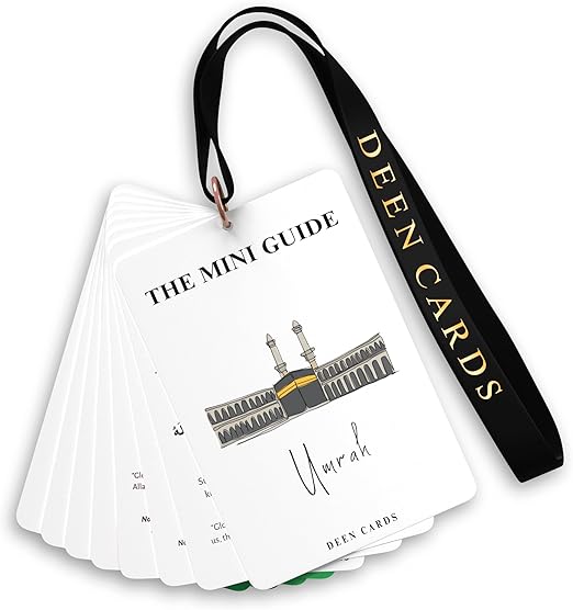 Umrah Guide Book - 32-Page Pocket-Size Guide With Lanyard - Includes Duas and Supplications - Durable 400gsm Cards