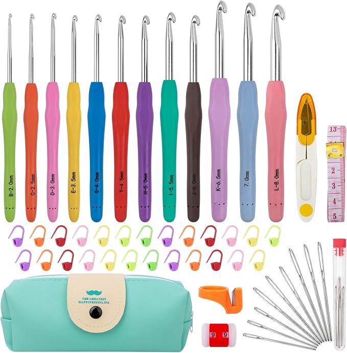 Crochet Hooks Set 51 Pack Knitting Kit, 12 Sizes Crochet Hooks, Crochet Kits for Beginners Adults, Aluminum Crochet Needles with Crochet Hook Case Ergonomic Grip for Arthritic Hands Crochet Gift