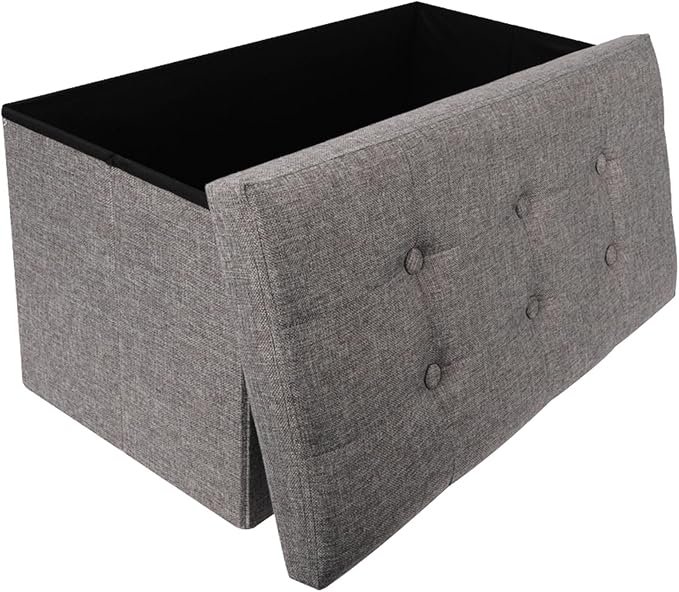 Dripex Large Folding Storage Ottoman Box Toy Chest and Footstool Grey Linen Fabric, Chest with Lid, 80L Capacity, Comfy Sponge Bench Space Saving 76 x 38 x 38 cm