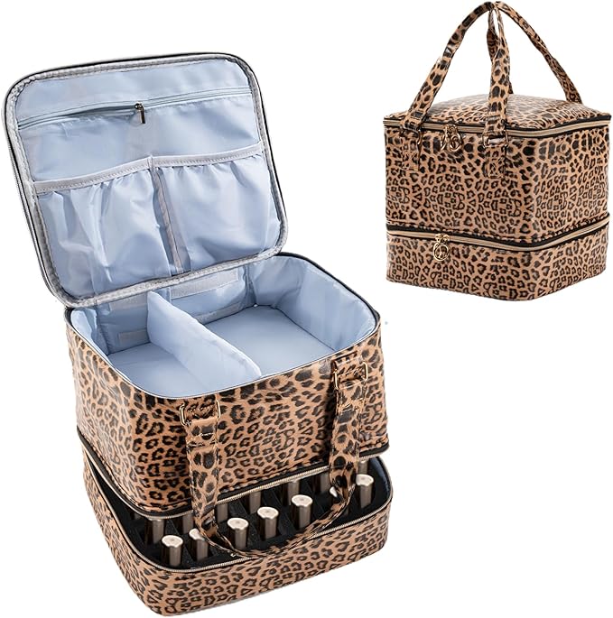 Uross Nail Polish Organizer Bag Holds 42 Bottles Nail Lamp, Gel Nail Polish Organizers and Storage Box for Nail Tech, Nail Kit Supplies Organizer Case - Leopard