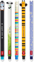 LEGAMI - Set of 5 Erasable Gel Pens with Thermosensitive Erase Ink, Range of ink colours & barrel designs, 0.7mm Tip, Penguin, Panda, Llama, Bee, & Hippo