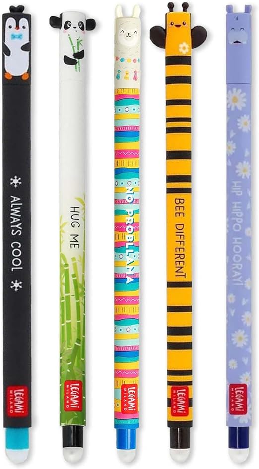 LEGAMI - Set of 5 Erasable Gel Pens with Thermosensitive Erase Ink, Range of ink colours & barrel designs, 0.7mm Tip, Penguin, Panda, Llama, Bee, & Hippo