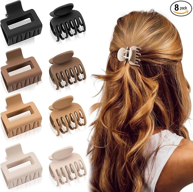 8 Pack Small Hair Claw Clips, Double Row Teeth Hair Clips, Rectangle Claw Clips, Matte H-air Clips, No Slip Hair Clamps hair Accessories for Women Girls for Thin Thick Curly H-air