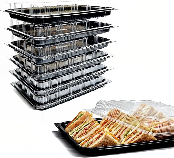 Pack of 6 Sandwich Platter Trays With lids - Reusable Plastic Catering Trays With Lids for Meal Prep, Cakes, Treats and Sandwiches (33.5cm x 24cm x 6cm)