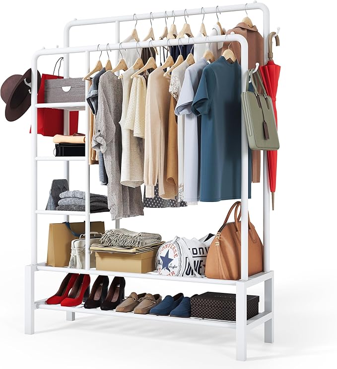 Heavy Duty Clothes Rail, 120KG White Metal Rack With Double Hanging Clothing Rail, Shoe Rack, Storage Shelves & 4 Coat Hooks, Wardrobe Clothes Rails For Bedroom Office Shop