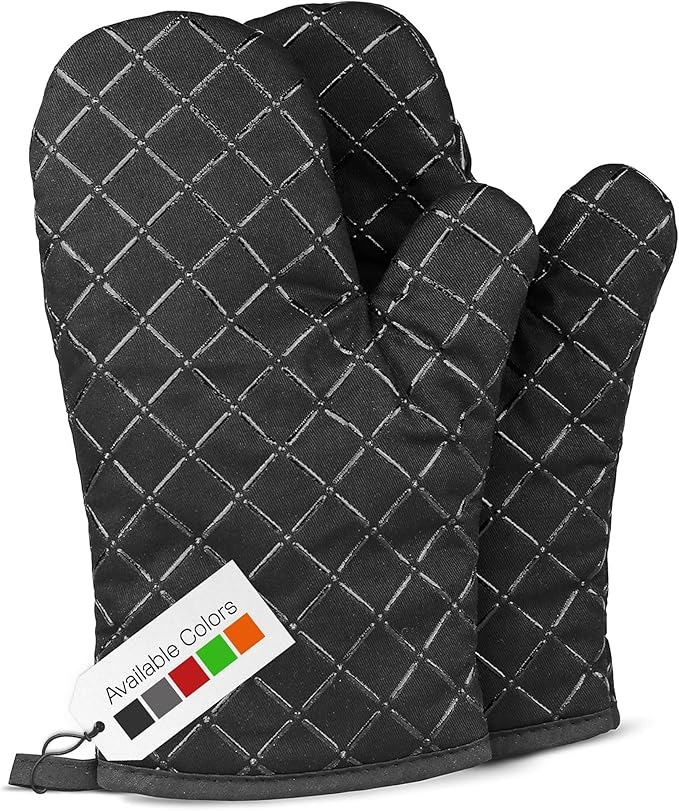 Oven Gloves Heat Resistant Double Sided Non Slip Silicone Oven Mitts (Black, Large)